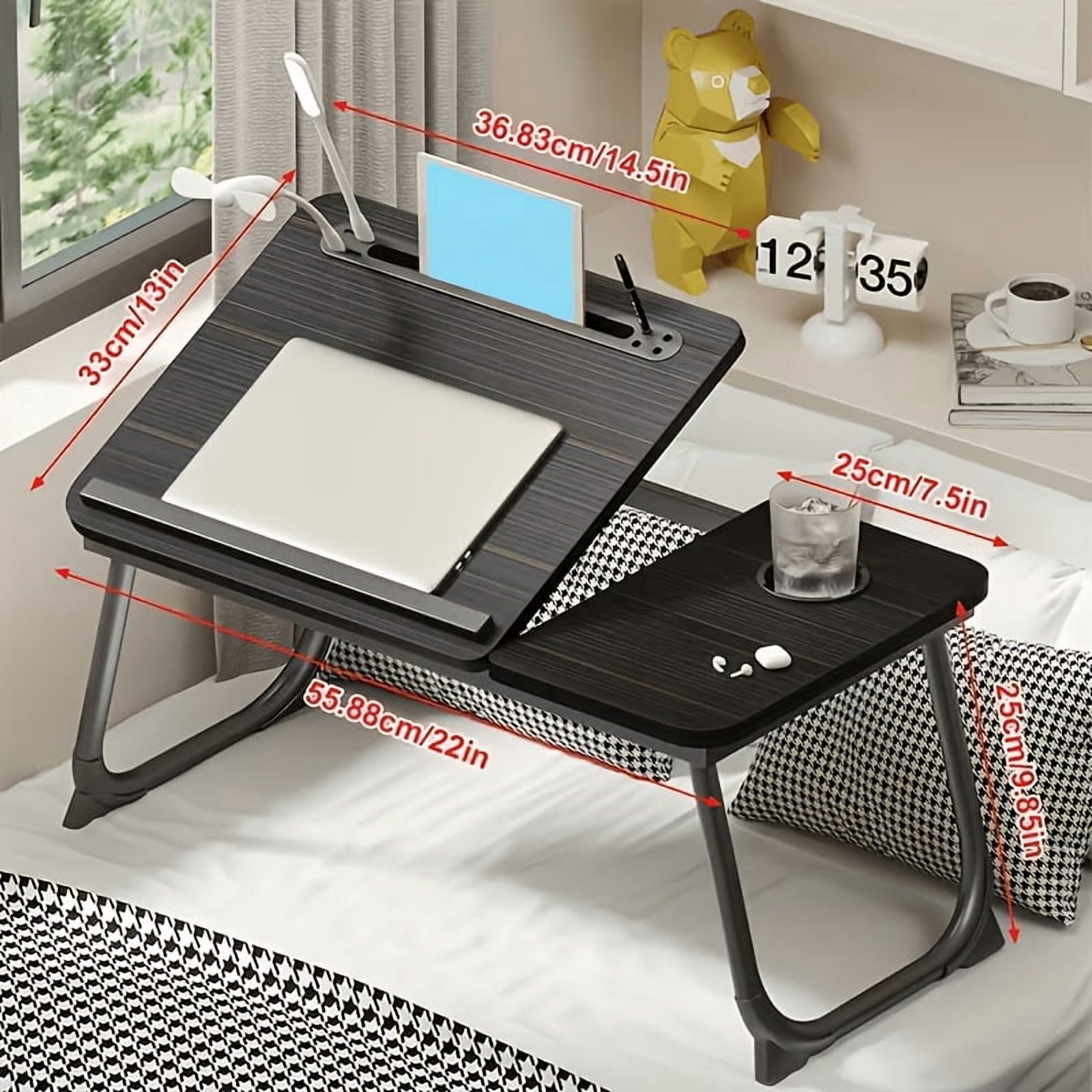 Laptop Bed Table with Foldable Legs, Cup Holder and Tablet Slot, Sofa Floor Tray, Black
