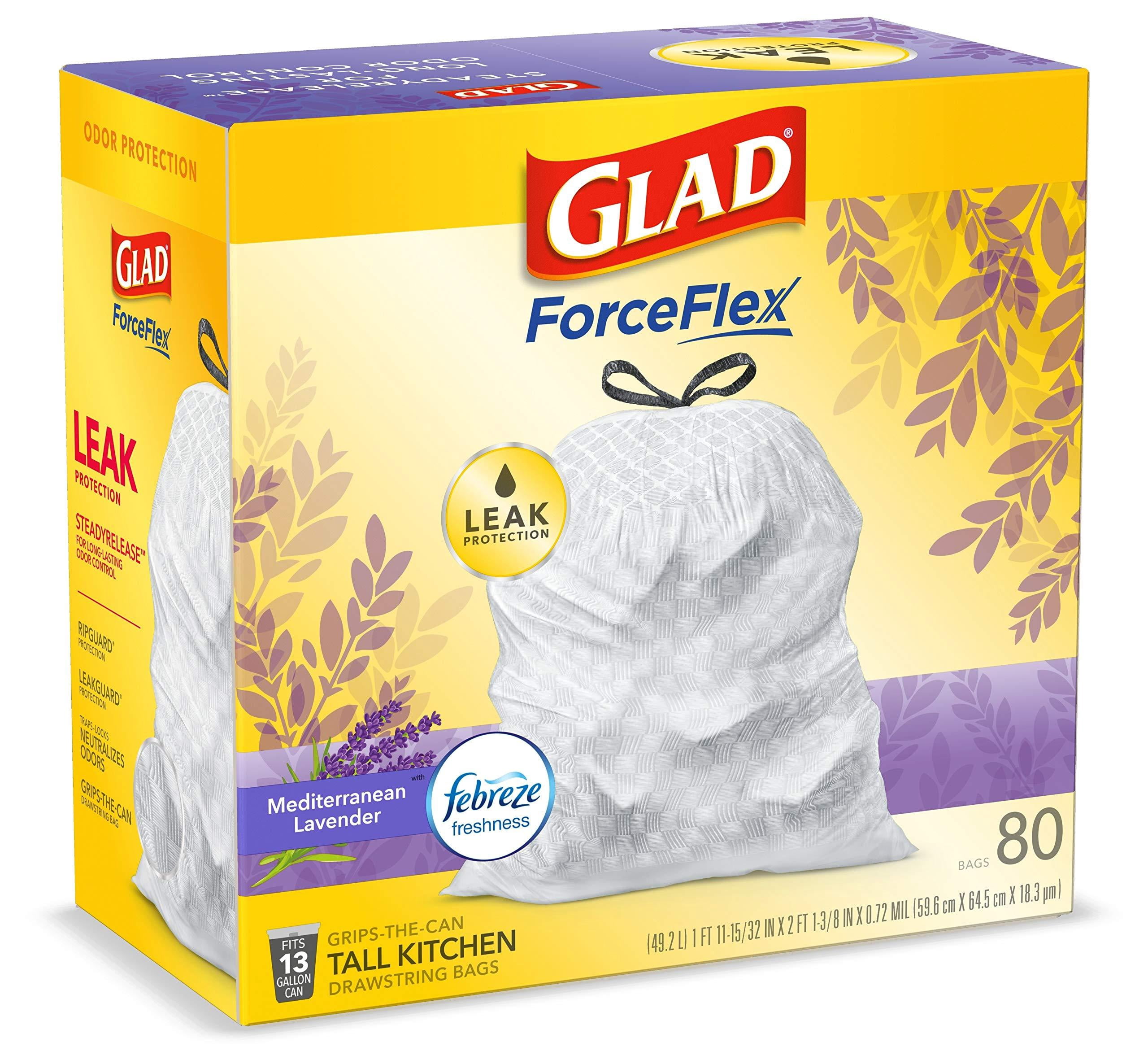 Glad OdorShield Tall Kitchen Drawstring Trash Bags, Lavender breeze, 13 Gallon, 80 Count (Packaging May Vary)