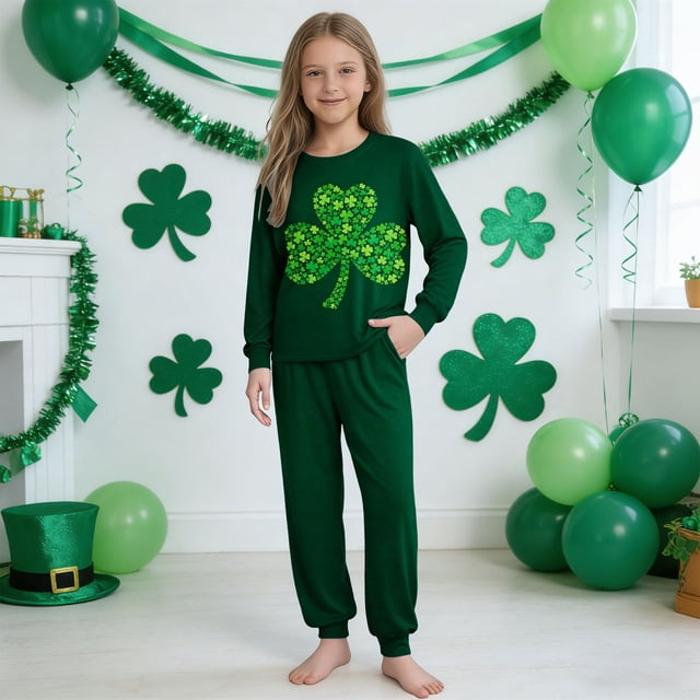Conjuntos de blusa y camisa de manga larga con cuello redondo. Conjunto de camisa y pantalón de manga larga con estampado del Día de San Patricio para niños y niñas. Top y pantalón para niña.