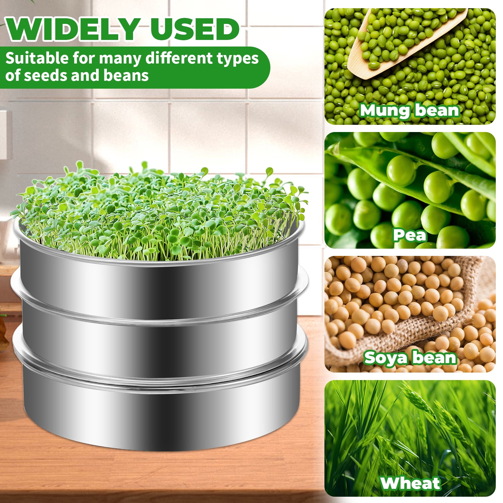 8.6" Stackable Stainless Steel Seed Sprouting Kit 3-Tier Mesh Sprouting Trays Seed Sprout Grower with Lid Base Microgreens Propagator for Beans Peas Broccoli Wheat Grass