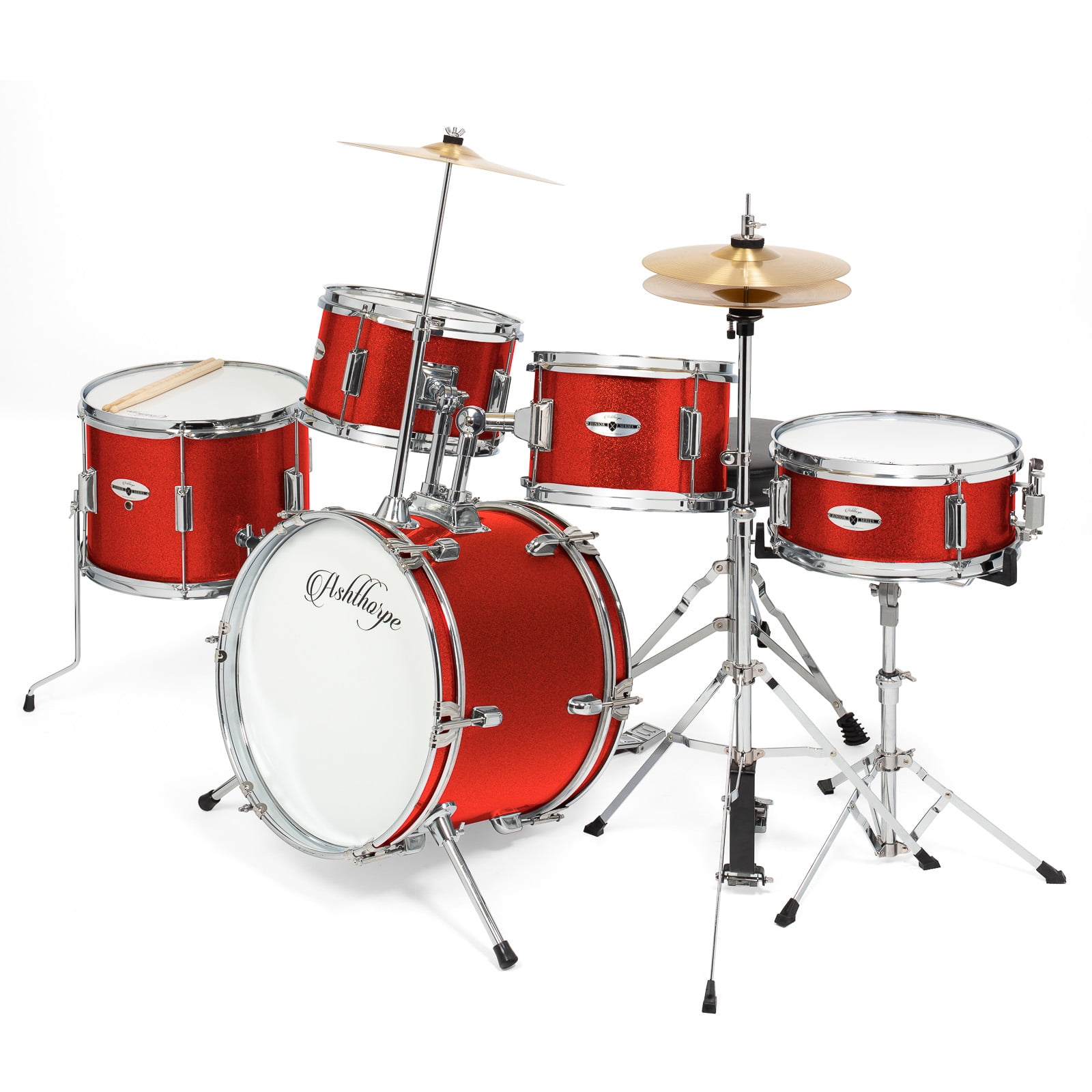 Ashthorpe 5Piece Complete Kid's Junior Drum Set with Genuine Brass