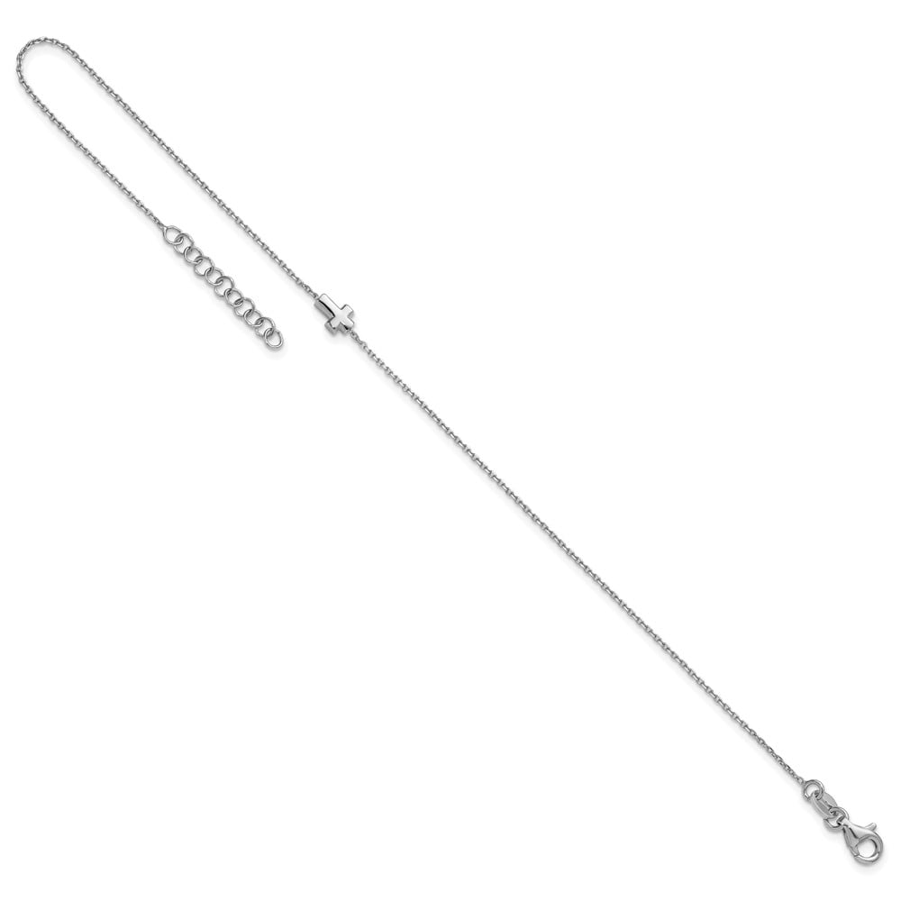 Sterling Silver Rhodium-plated Cross 9 inch with 1 inch Extension Anklet