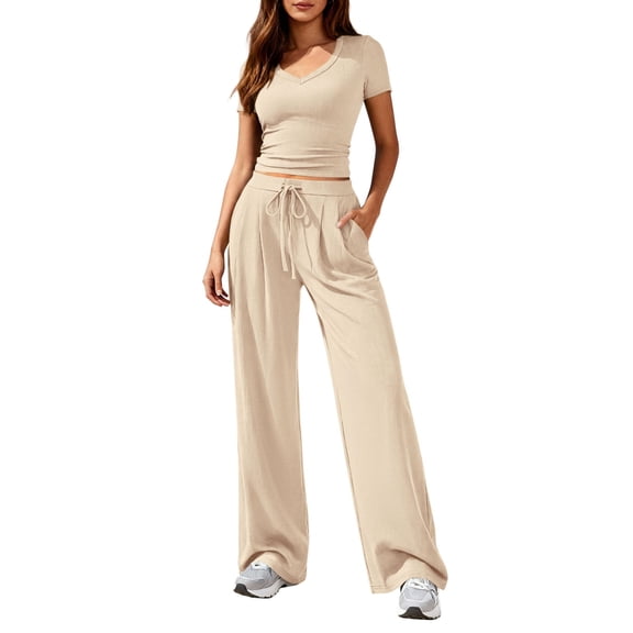 2 Piece Sets for Women Summer 2026 Spring Lounge Set Matching V Neck Tops Wide Leg Pants Airport Travel Outfits Beige S