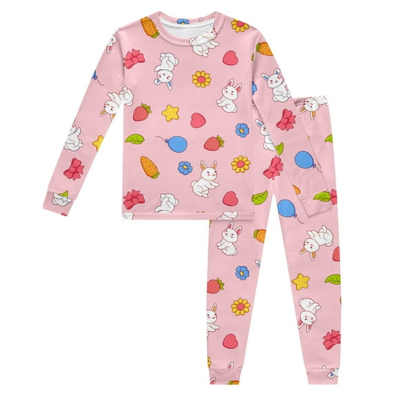 Baby Girls Pajama Set for Easter Printed Crewneck Long Sleeve Kids Nightwear Casual Classic Top Pajamas Set,Pink,2-3 Years