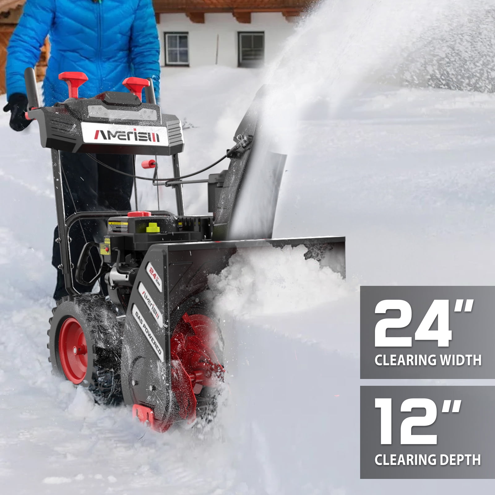 Amerisun 24" Self-Propelled Gas Snow Blower, 212 cc, 4-Cycle Two-Stage Snow Thrower with Headlight