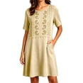 thumbnail image 2 of Ayolanni Solid Dresses for Women 2026 Henley Short Sleeve Button Midi A-Line Dress Linen Embroidered Casual Flowy Vacation Sundress with Pockets Beige L, 2 of 6