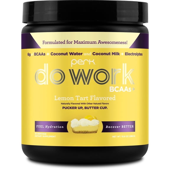 Perk Do Work BCAAs   Hydration Electrolytes Powder (Lemon Tart Flavored, 20 Servings) - With Coconut Water and Coconut Milk