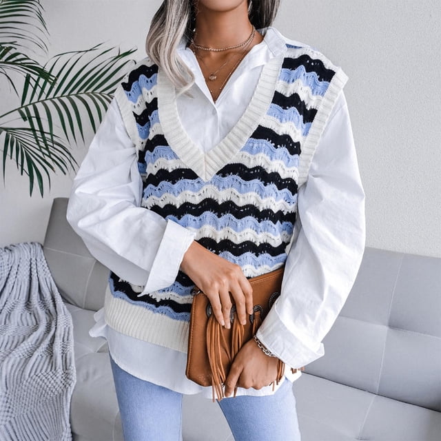 Ruimatai Mode Décontractée pour Femmes Gilet Tricoté Creux Col en V