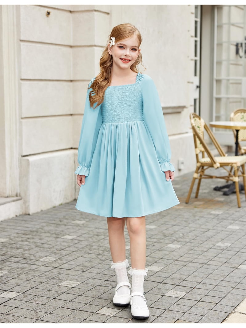 skater winter dress Wxirdiow Winter Dress Girls Long Sleeve Smocked Skater Fall Winter Elegant Dress with Pockets Dark Purple Size,17-18 Years
