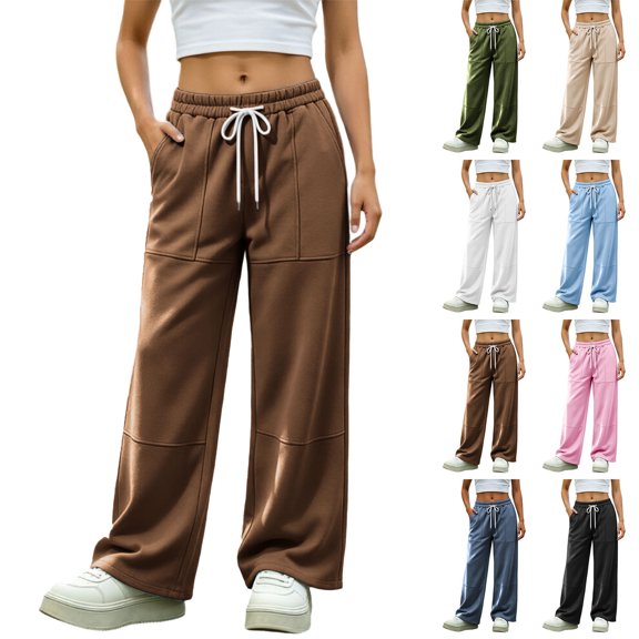 Winter Womens Sweatpants Waist Casual Elastic Solid Color Loose Drawstring Wide Leg Fleece Lounge Sweatpants Relaxed Fit