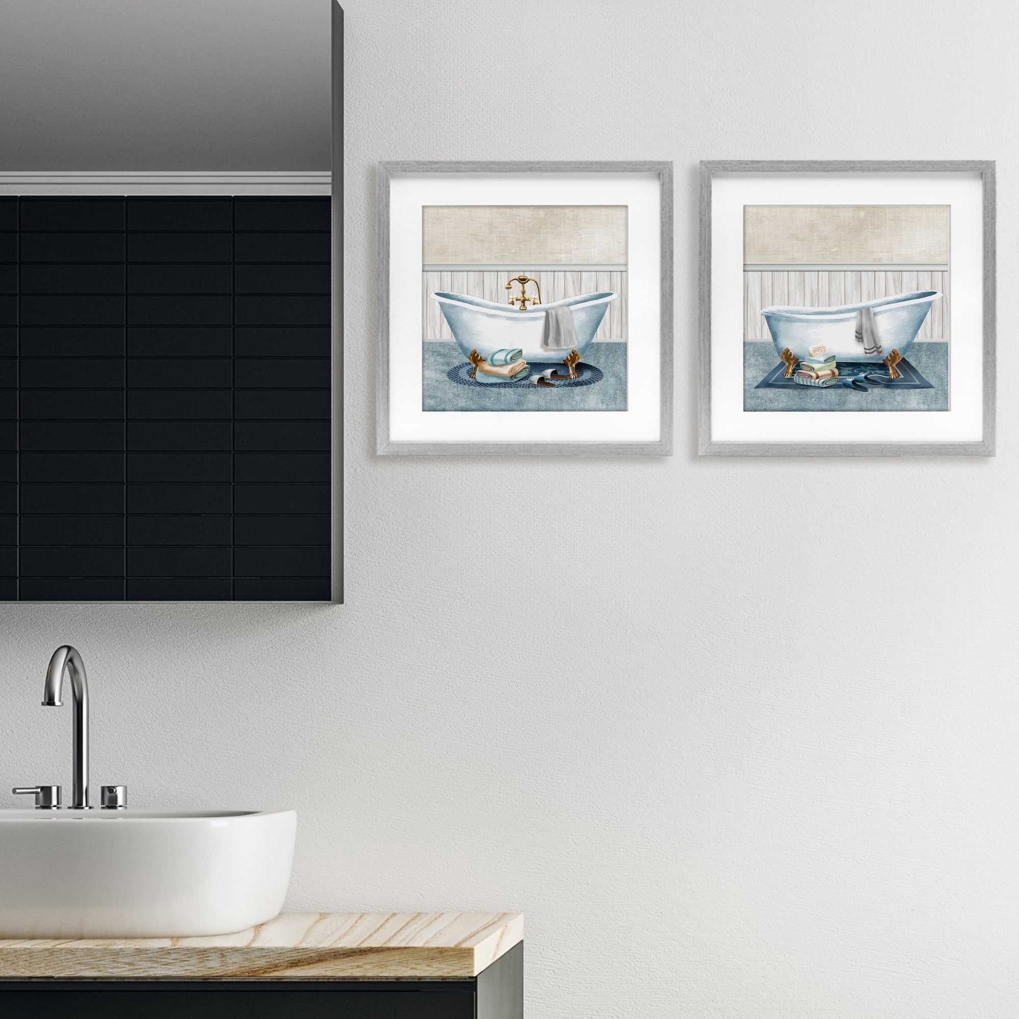 Stupell Industries Cozy Bathtub & Slippers 2 Piece Gray Framed Print Under Glass Set, design by Conrad Knutsen