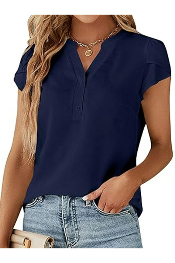 Women Blouses Dressy Causal V Neck Short Petal Sleeve Business Tops Ladies Summer Navy Blue Trendy Shirts Size XXL
