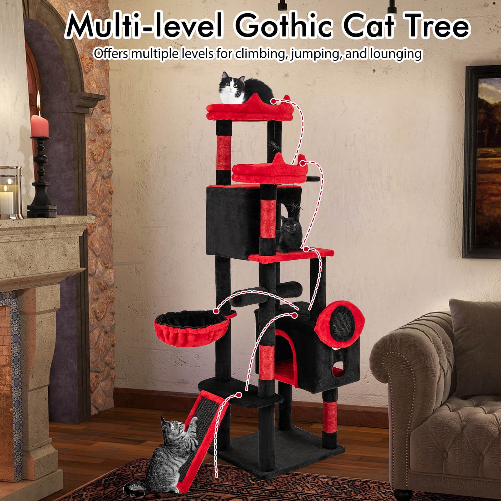 Costway Gothic Cat Tree for Indoor Cats with 2 Cat Condos & 2 Plush Perches, Dangling Balls