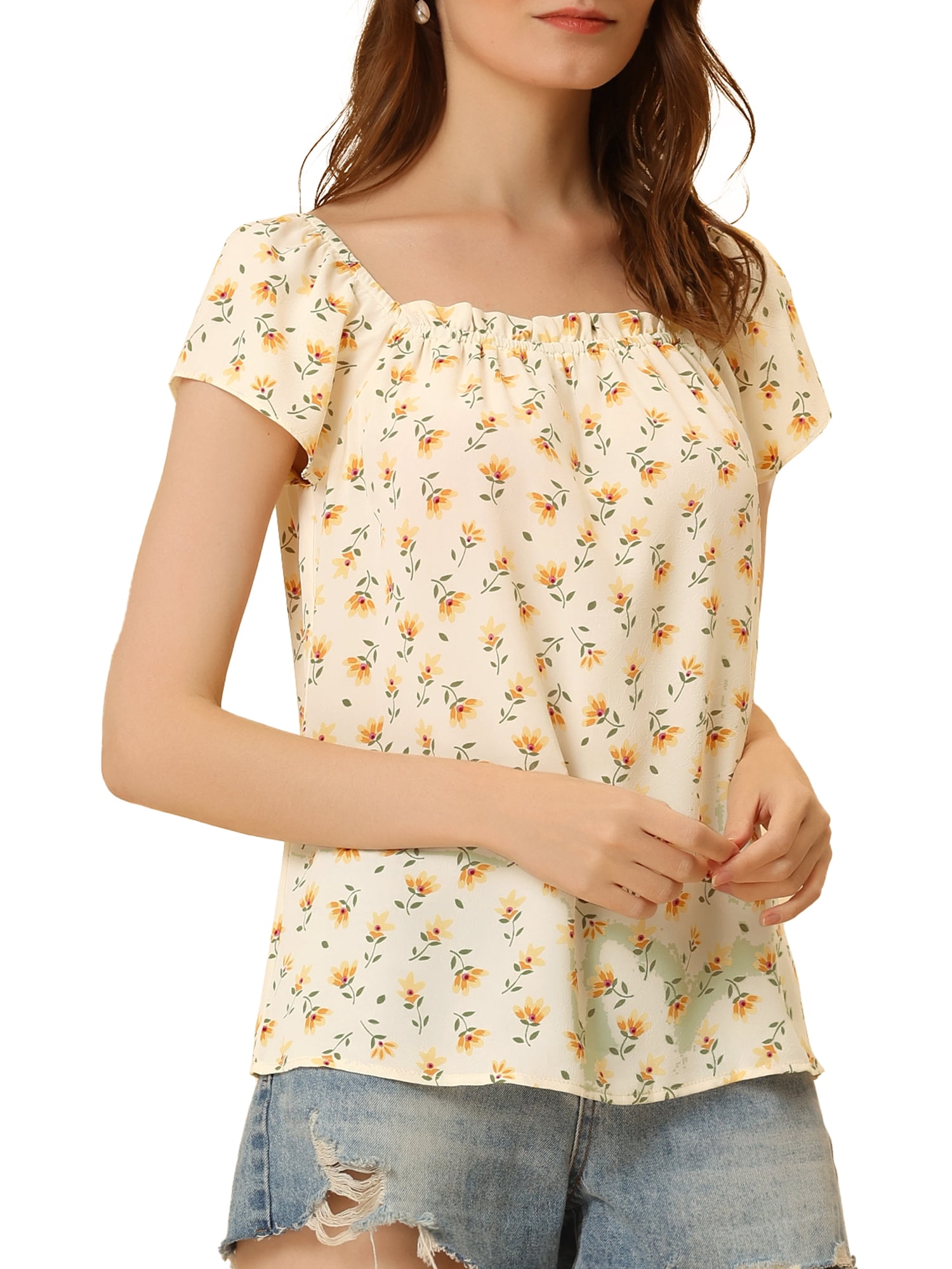 Unique Bargains Women's Summer Floral Printed Cap Sleeve Tops