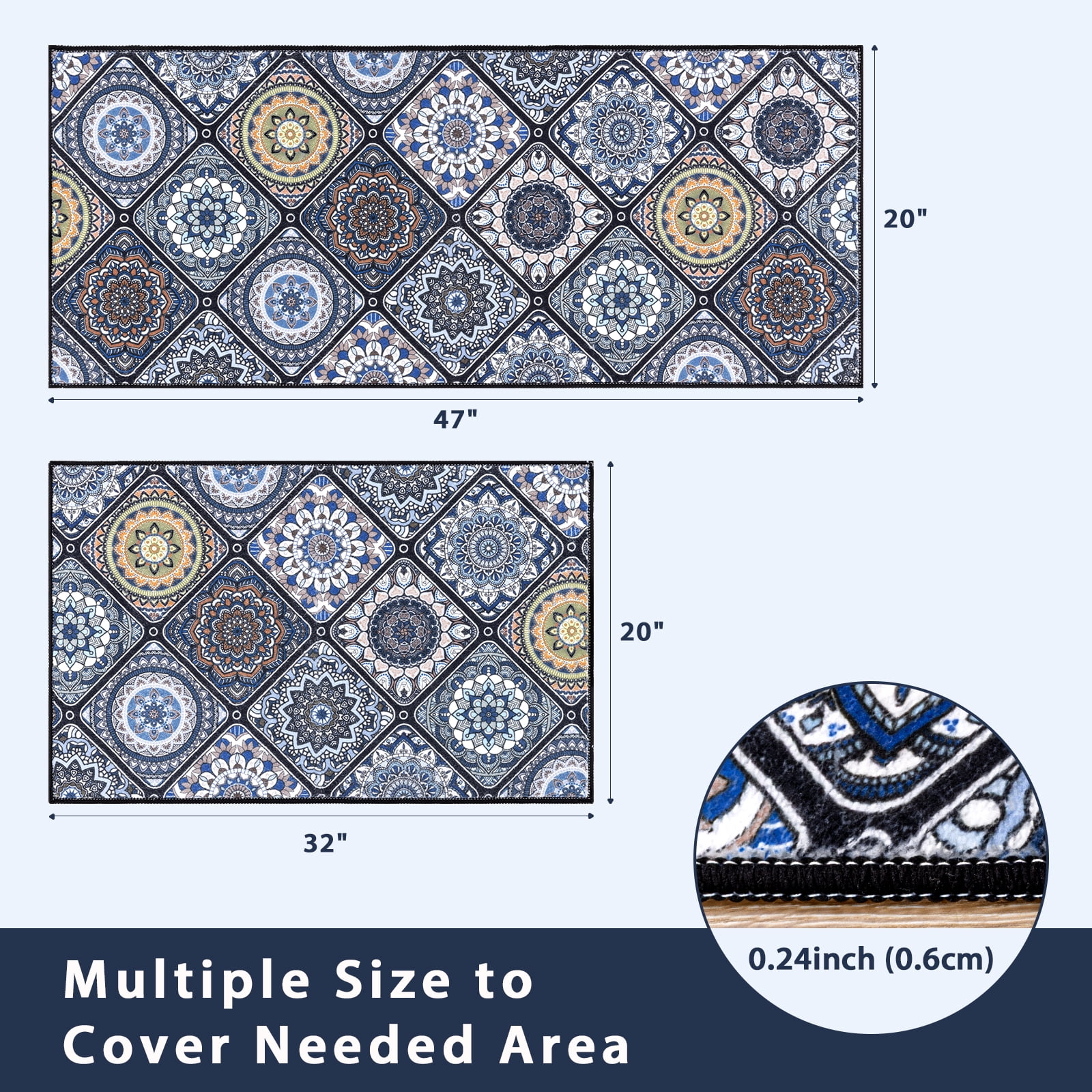 Findosom 2pc Boho Kitchen Rugs and Mats Set, Non Slip Washable Kitchen Runner Rug for Kitchen Floor, Farmhouse Kitchen Decor, Hallway, Entryway, Laundry Room,20"x32"+20"x47" Blue