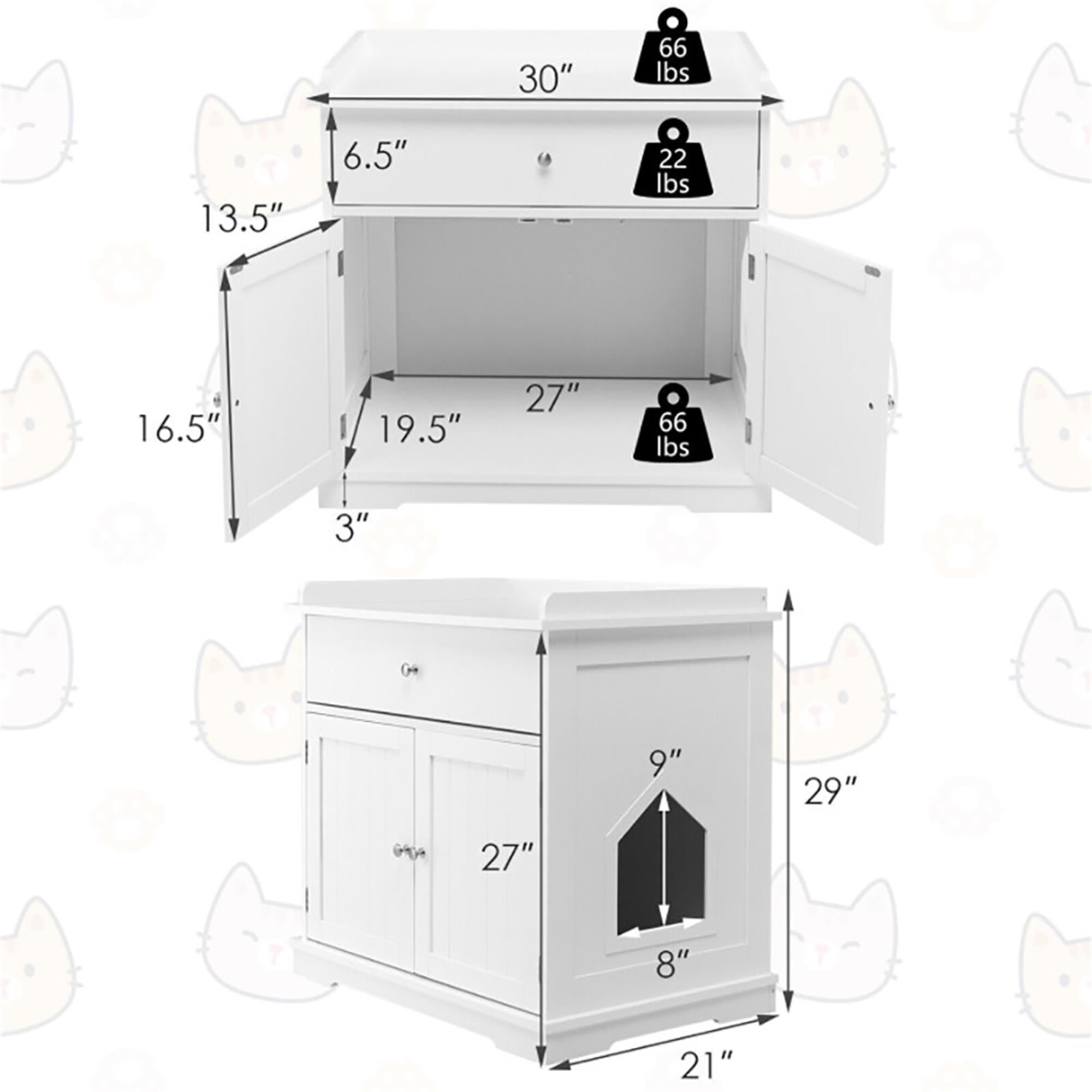 Kadyn 30" Wooden Cat Litter Box Enclosure Furniture with Drawer, Hidden Cat Washroom Indoor Cat House Pet Crate, White