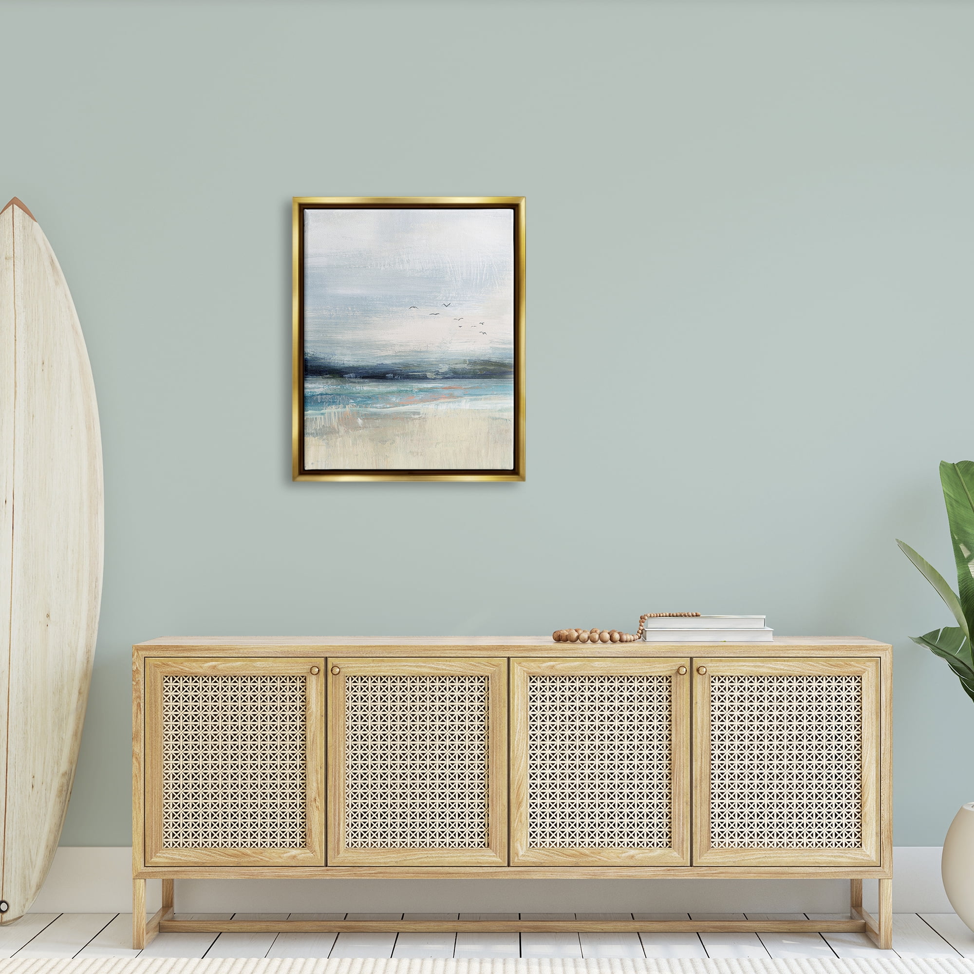 Stupell Brushed Ocean Seagulls Landscape Landscape Painting Gold Floater Framed Art Print Wall Art