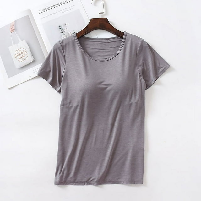 Camiseta de manga corta con almohadilla para el pecho Camiseta de base de una pieza ajustada con copa modal para mujer Top de mujer con cuello redondo Sujetador sin uso