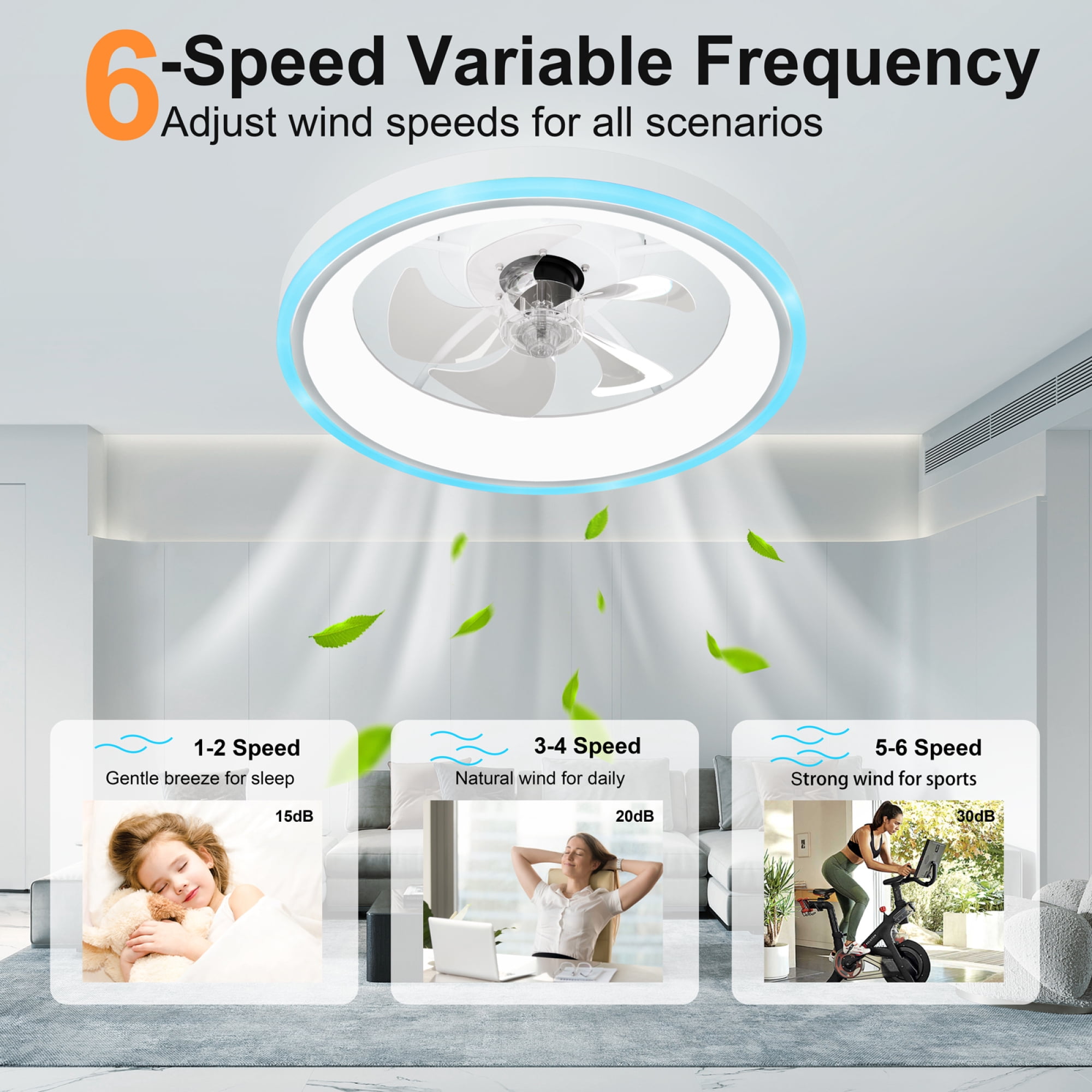 Leumius 19.7" Modern RGB Ceiling Fan with Lights, Flush Mount Low Profile Fan with Remote & APP, 6-Speed Reversible Silent DC Motor, Dimmable 3000-6500K LED for Bedroom Living Room White