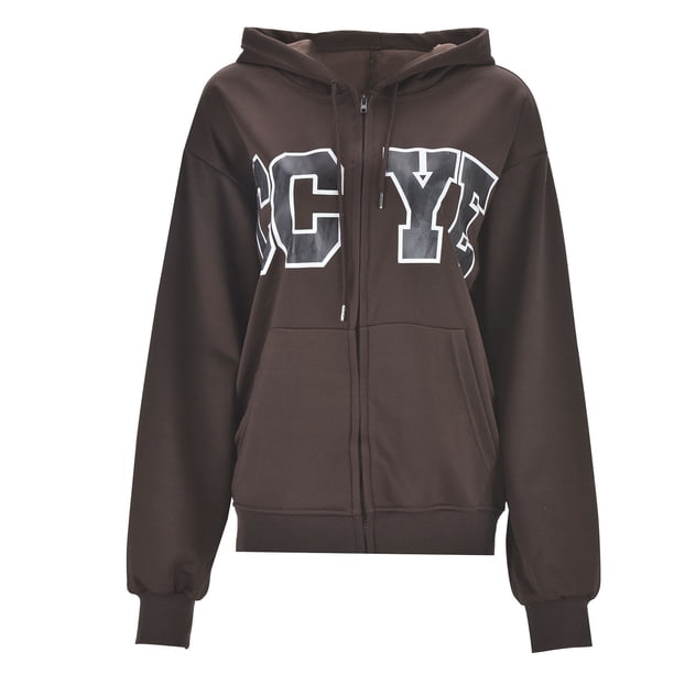 Gibobby Sudadera oversize mujer, Chamarra con cierre para mujer, sudadera con capucha Y2K, sudadera con capucha y cordón informal con bolsillos(Café,XG)
