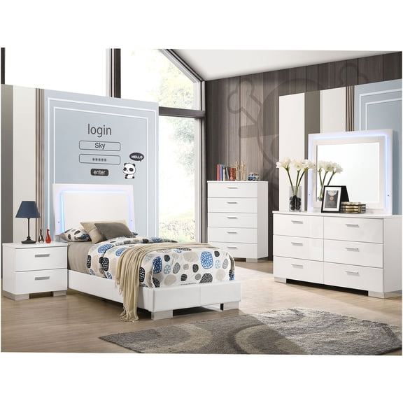 JERFIT 4-Piece Twin Bedroom Set with LED Lighting, Modern High Gloss White Platform Bed, Dresser, Mirror & Nightstand
