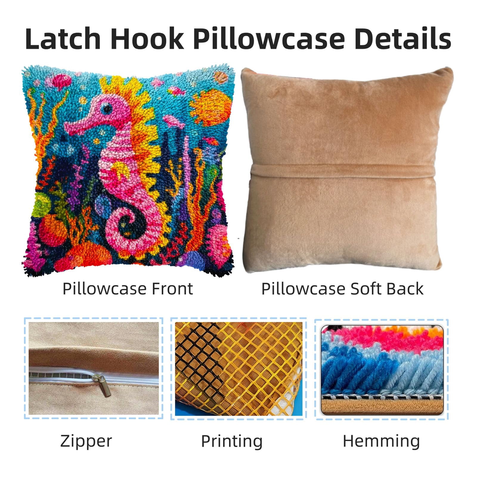 Cartoon Sea Horse DIY Latch Hook Pillow Kits for Adults Printed Pillowcase Crochet Yarns Hooking Handmade Pillow Cover Cushion for Home Sofa Decoration 17x17inch
