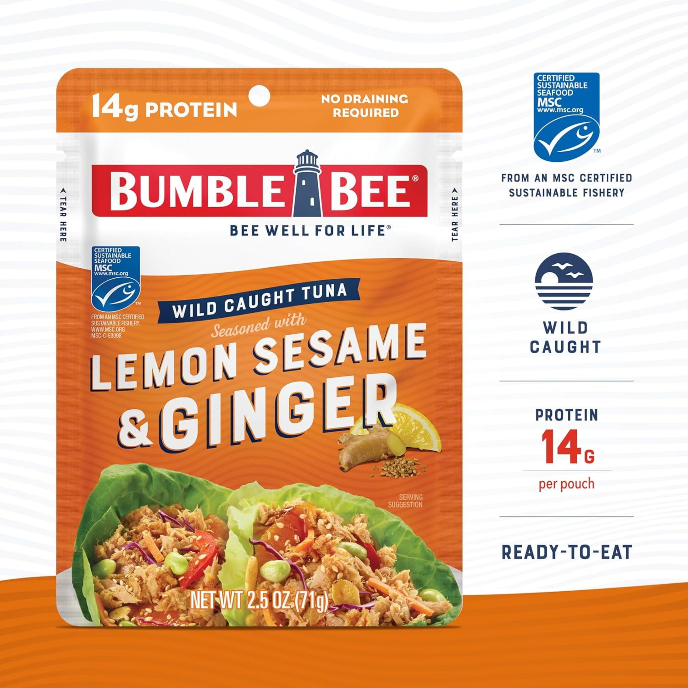 (12 pack) Bumble Bee Lemon Sesame & Ginger Seasoned Light Tuna, Wild Caught, Ready to Eat, 14g Protein per Serving, Shelf Stable Pouch, 2.5 oz