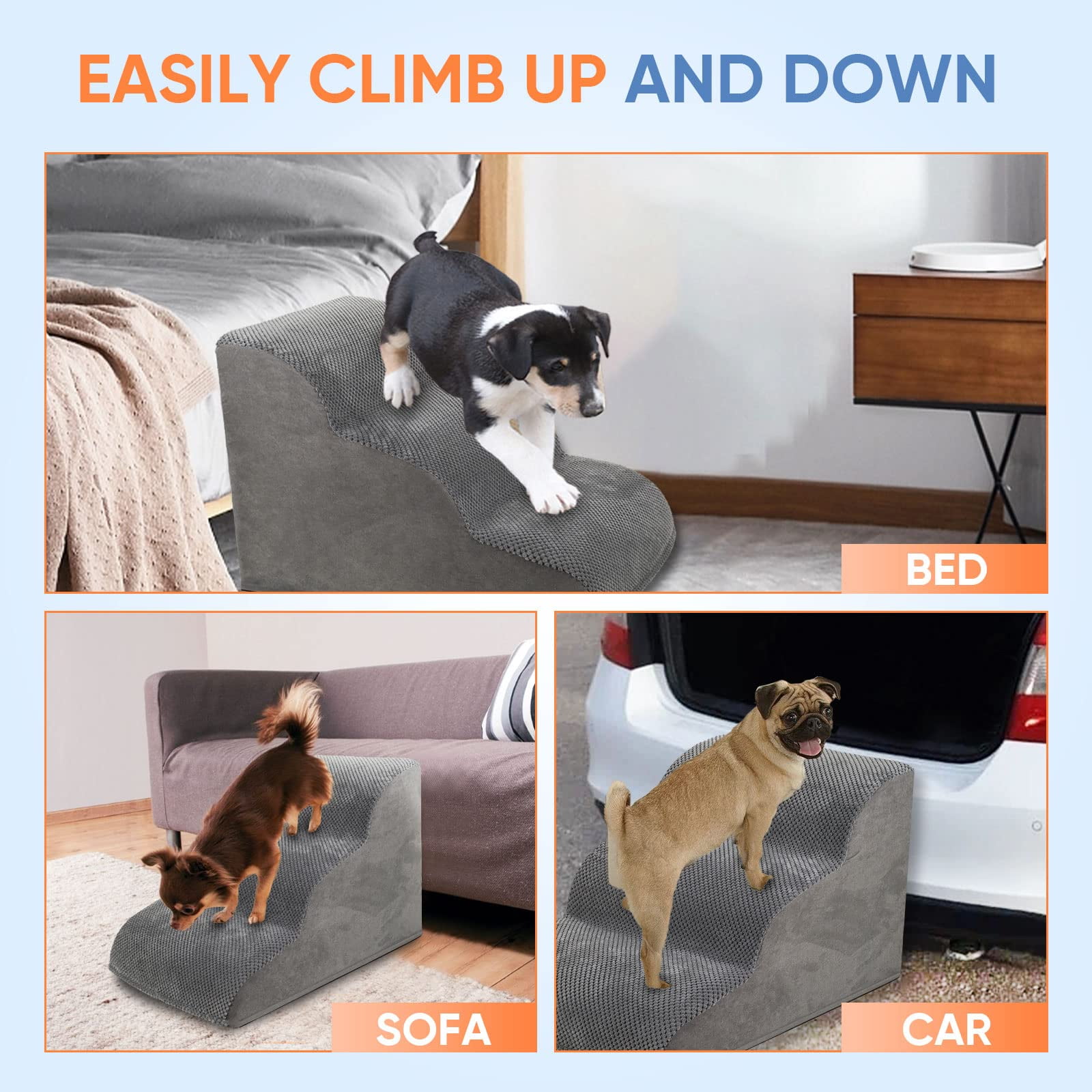 Kadyn 23" Dog Stairs for Small Pets with High-Density Sponge and Silicone Paw Prints, 3-Step Dog Ramp for Beds and Couch, Gray