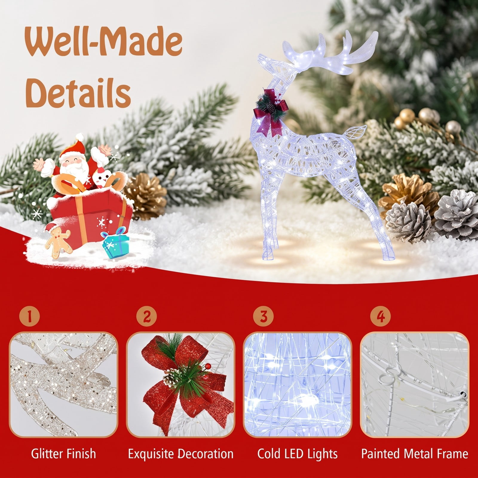 ALPULON Lighted Christmas Reindeer Yard Decoration with Cool White LED Lights, Waterproof Metal Outdoor Holiday Decor with Ground Stakes for Lawn Garden Porch, White