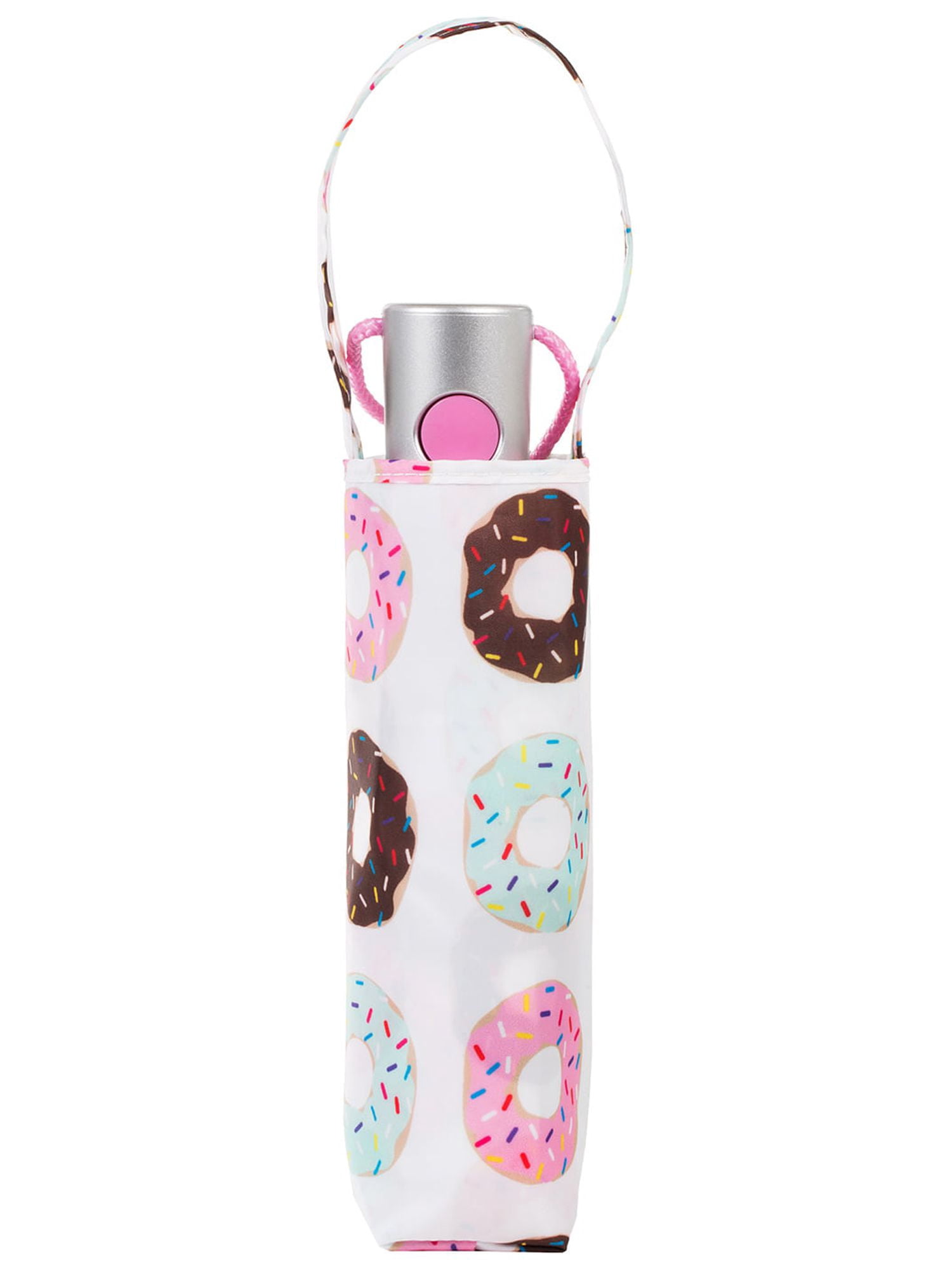 Totes Recycled Canopy One-Touch Auto Open Ultra Compact Mini Travel Umbrella With Carrying Case Pink Donuts
