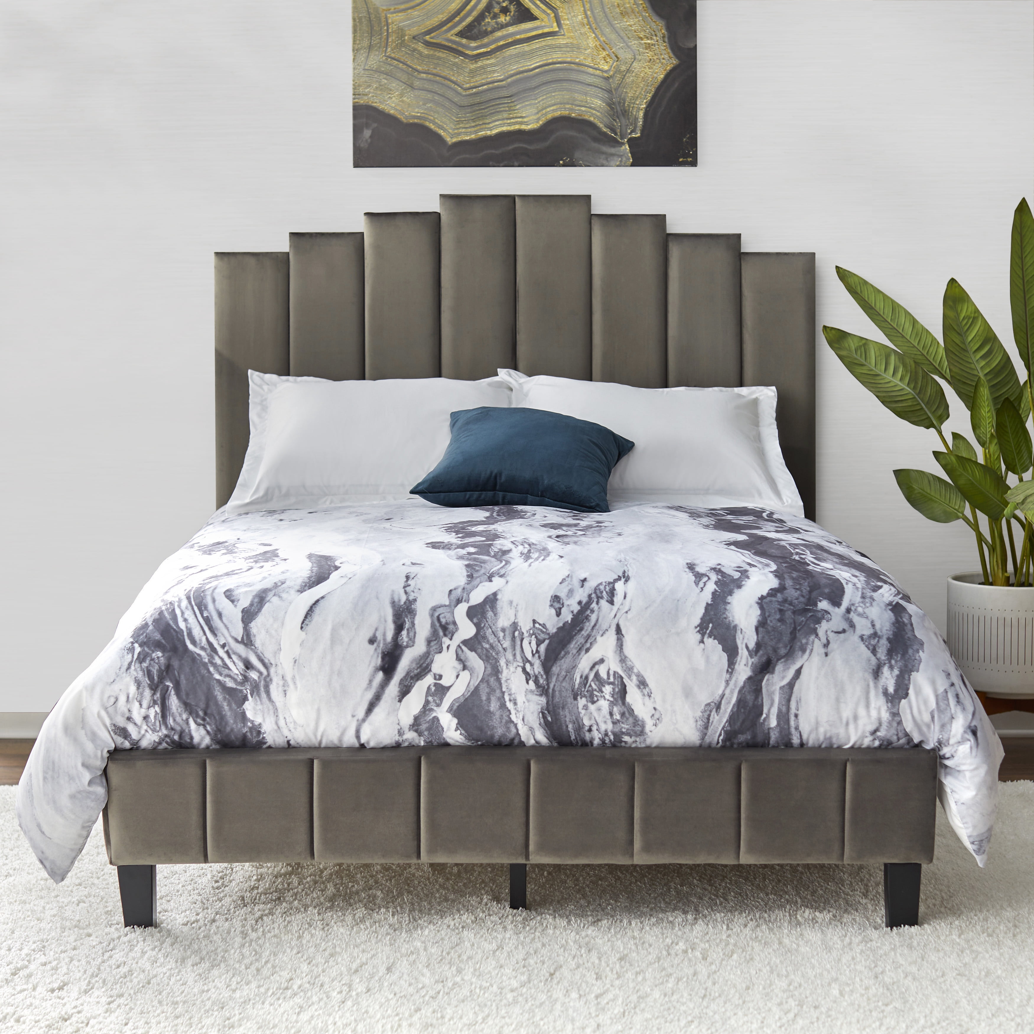 TMS Deco Modern Queen Velvet Panel Bed, Dark Gray