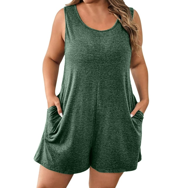 Dealovy Womens Plus Size Jumpsuits Scoop Neck Casual Sleeveless Short Rompers Solid Color Shorts Overalls with Pockets