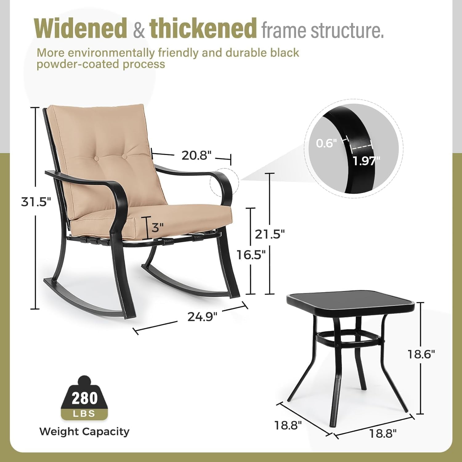 SUNCROWN 3-Piece Outdoor Patio Bistro Set Black Metal Rocking Chairs and Table with Brown Cushions