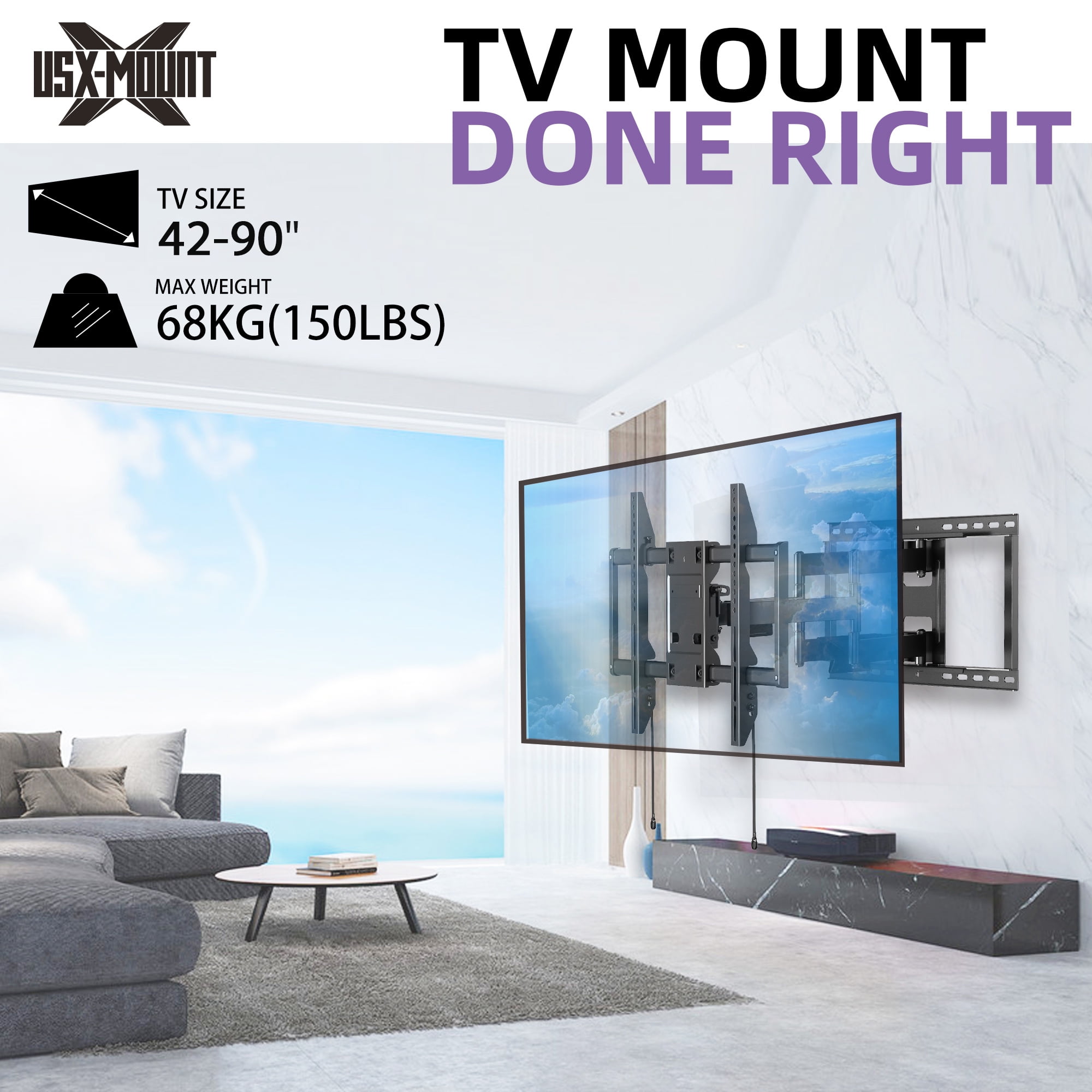 USX MOUNT Heavy Duty Full Motion Sliding TV Wall Mount for 42-90 inch TVs, Articulating 6 Arm Support up to 150lbs, Swivel & Tool-Free Tilt, Max VESA 600x400mm, Fits 12"/16"/18"/24" Wood Studs