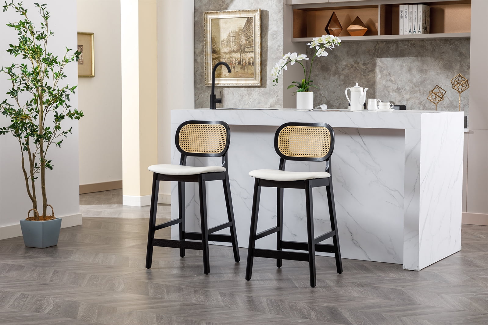 Dayalane Rattan Counter Height Bar Stools Set of 2, 26" Mid Century Modern Wood Farmhouse Barstools with Footrest, PU Upholstered Kitchen Island Chairs for Pub Restaurant, White