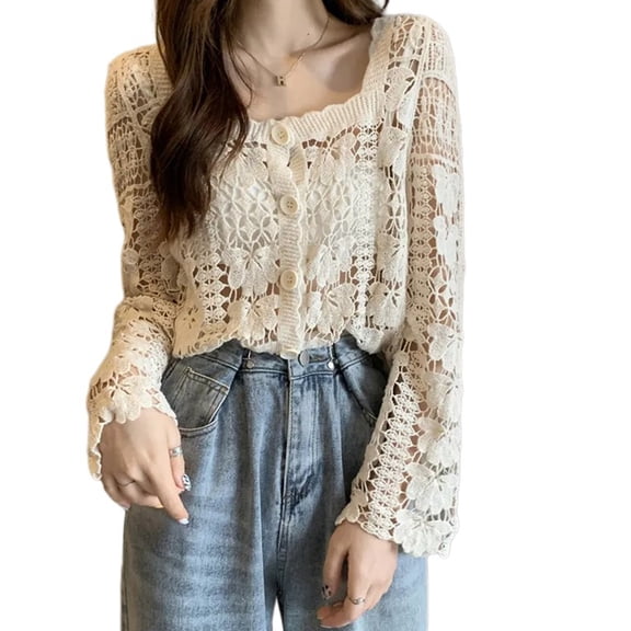 COMEET Women Cardigan,Womens Long Sleeve Hollowed Crochet Knit Floral Lace Cardigan Square Neck Button Down Crop Cardigan Beach Coverup Coat