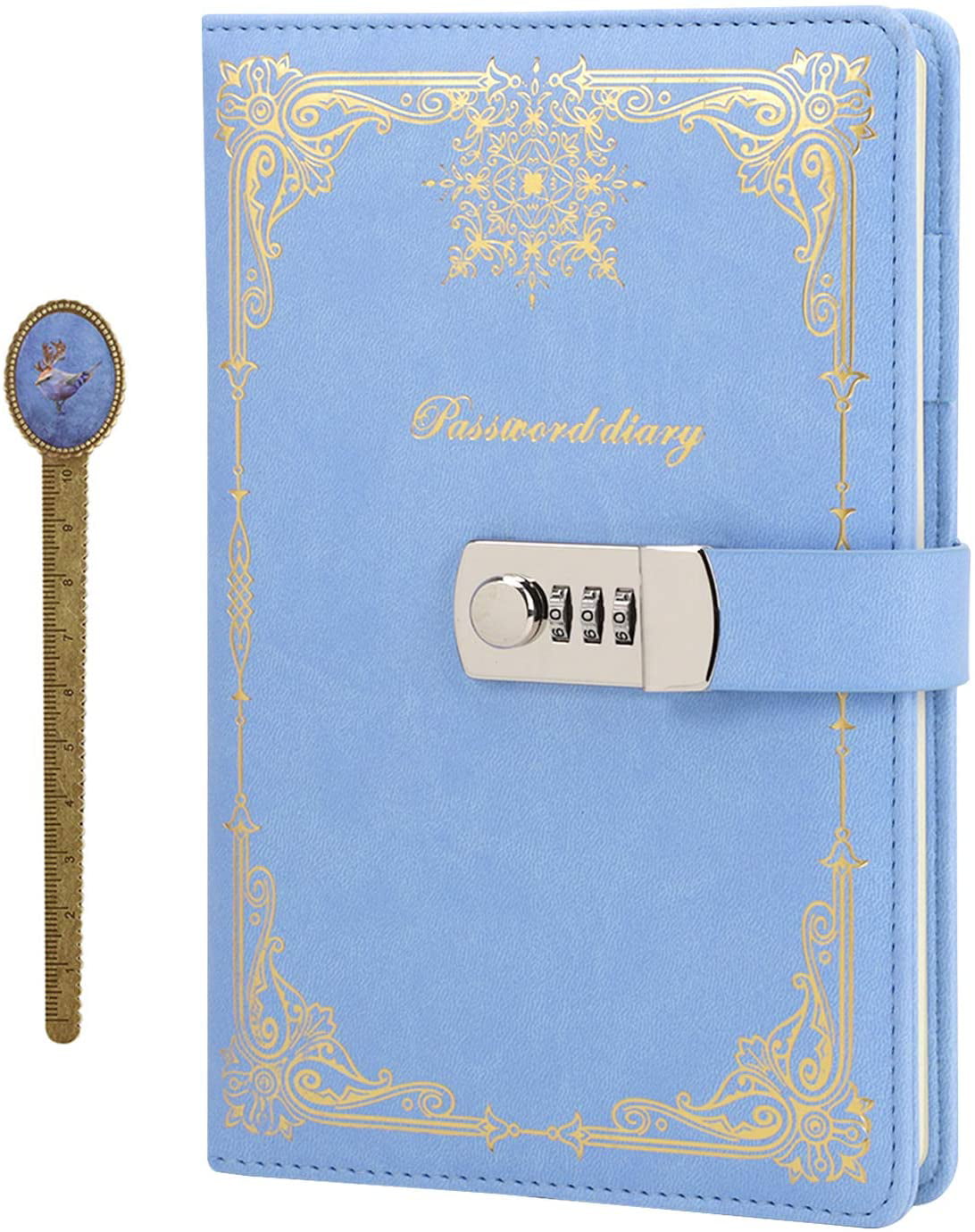 Card Slots Soft PU Leather Writing Journal Portable A5 Travel Diary Lined Pages Business Notepad Vintage Embossed Notebook with Combination Lock Pen Loop 100 Sheets 