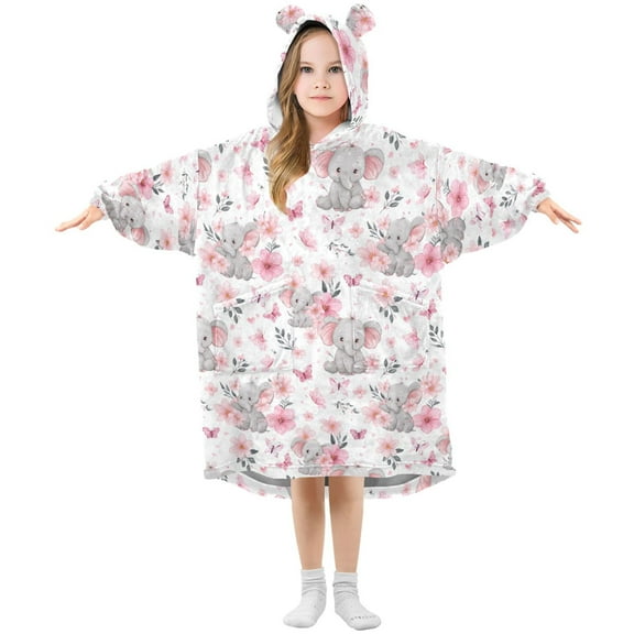 Wearable Blanket Hoodie for Kids Cute Elephant Flannel Hooded Blanket with Pockets and Sleeves Suitable for Boys and Girls