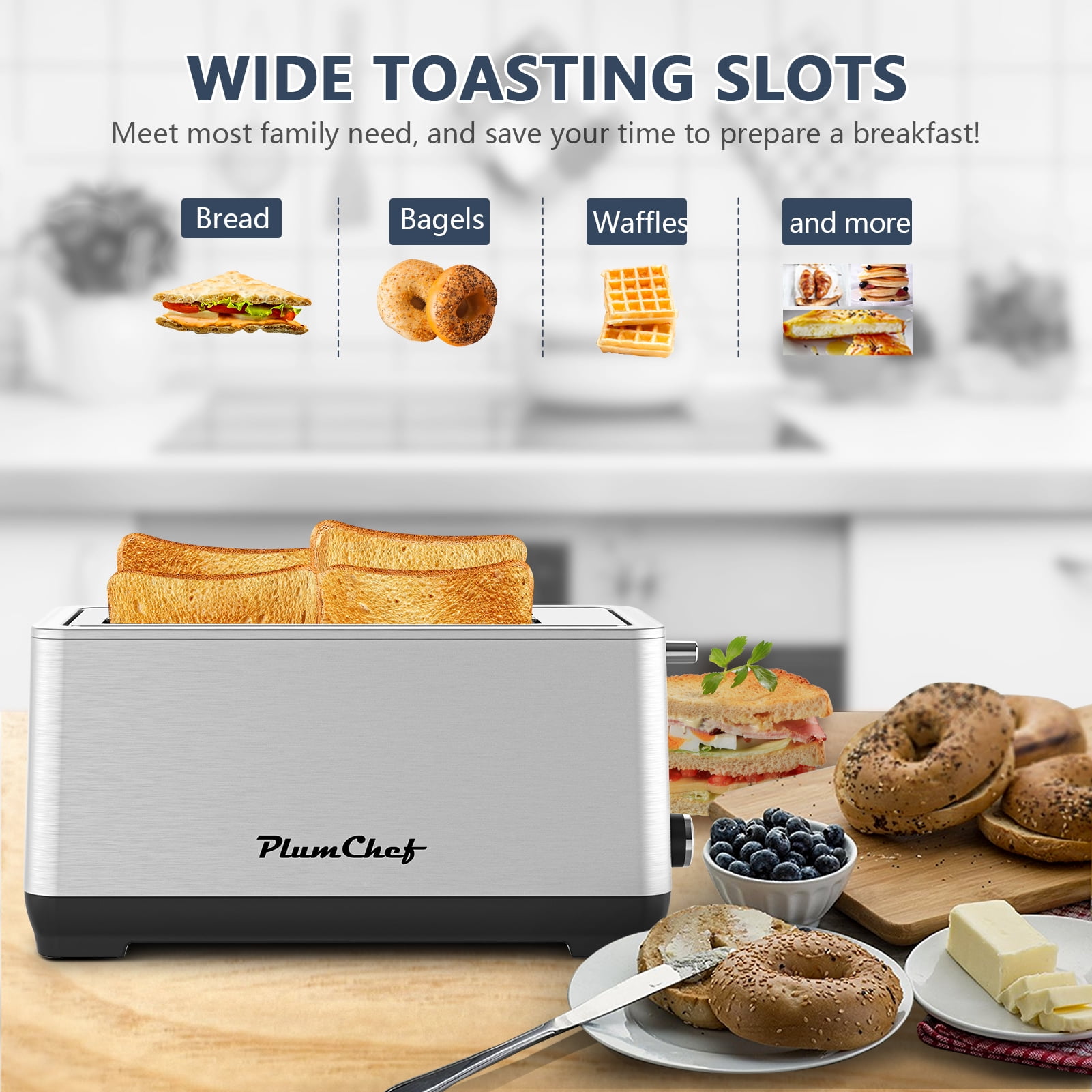 Plum Chef Long Slot 4 Slice Toaster 1600W, for Bagels & Waffles, 6 Browning Levels, 4 Basic Functions & Removable Tray, Kitchen Gadgets, Silver
