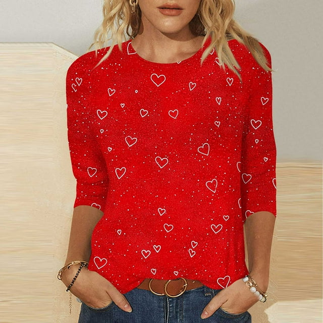 Mceream T-Shirts à Manches 3/4 pour Femmes à Col Rond, Décontractés, Habillés, Surdimensionnés, Saint-Valentin, Chandails de Printemps, Hauts Raglan à Cœur d'Amour, Tunique, Haut, Coupe Ample, T-Shirt Graphique, Grande Taille, Blouses en Corail pour Femme TG