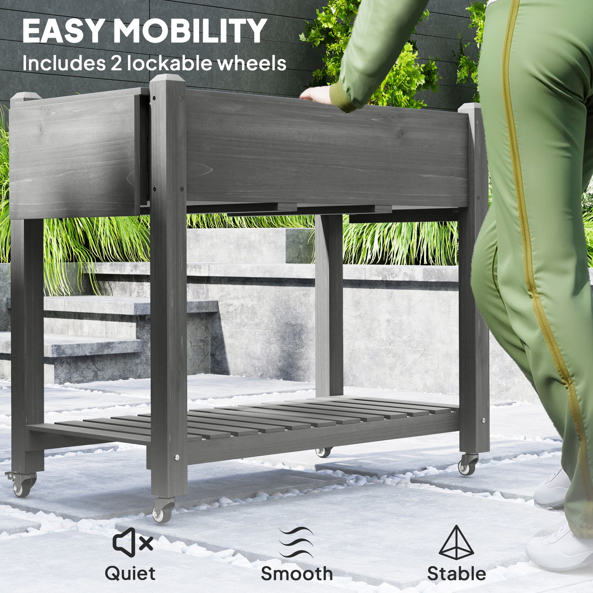 Outsunny Raised Garden Bed, Wood Elevated Planter Box with Lockable Wheels, Side Tables, Bottom Shelf, Bed Liner and Drainage Holes, Gray