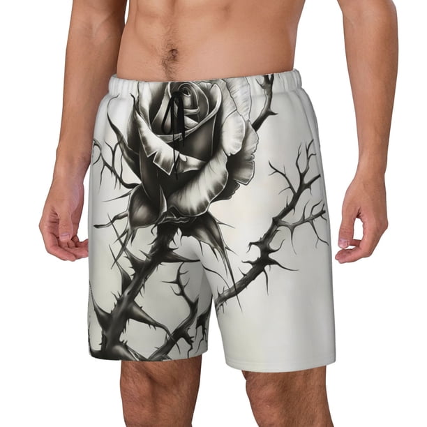 Balery Black And White Rose Bañador para hombre, shorts de playa de secado rápido con entrepierna y forro de compresión-Large