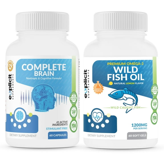 CompleteBrain Nootropic and Wild Fish Oil Omega 3 Enhanced Neuro Performance Combo Stack - Improves Memory, Mood, Focus, Clarity and Creativity