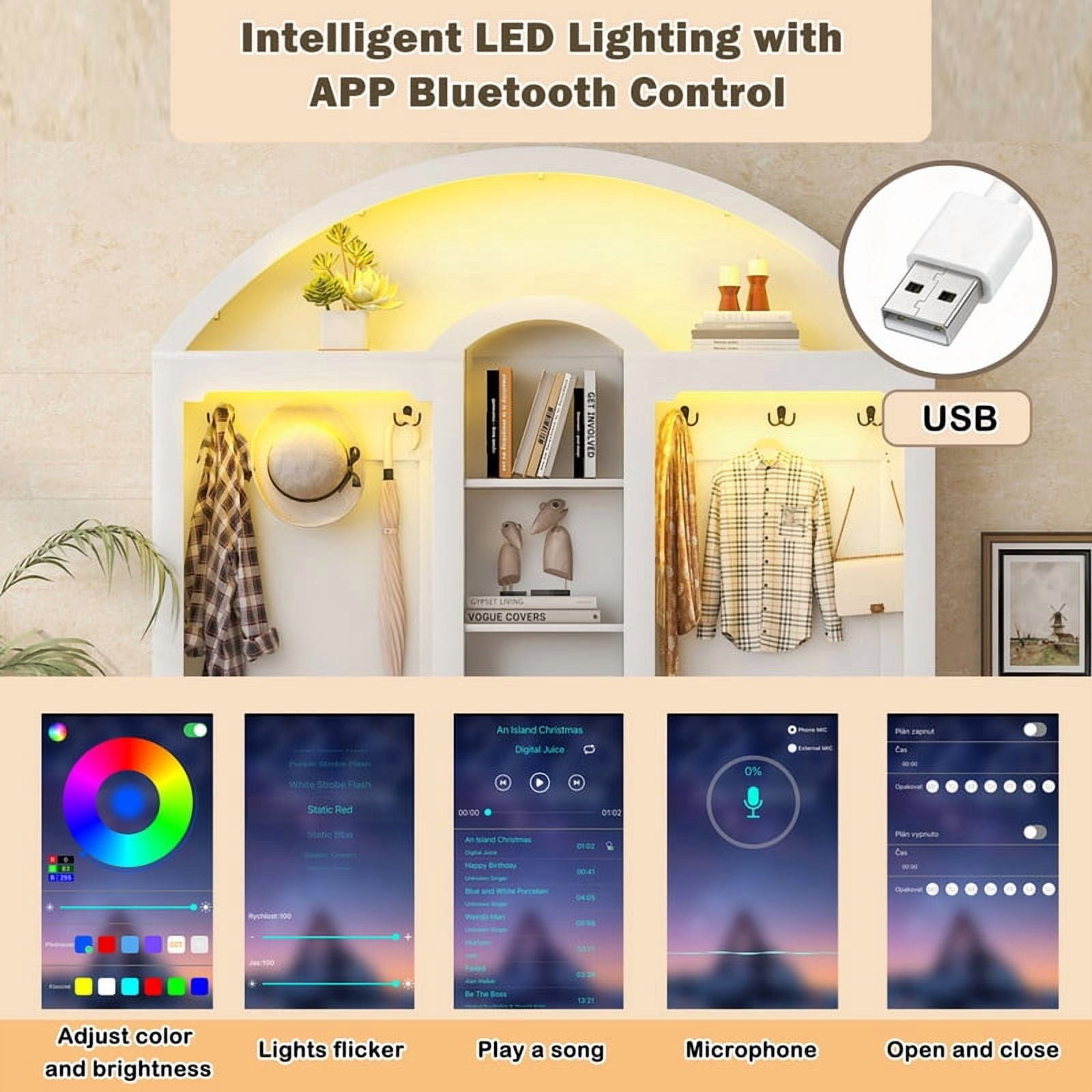 Farmhouse Hall Tree with APP Controlled LED Lights, Mudroom Bench with Shoe Cubbies and Cabinet, Entryway Coat Rack with 6 Hooks for Living Room, Hallway