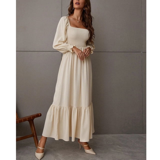 Vestido Largo Con Cuello Cuadrado, Vestido Largo Para Mujer, Cintura Alta, Dobladillo Con Volantes, Color Puro Para Vacaciones ANGGREK Albaricoque XL
