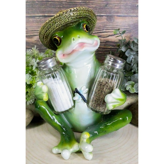 Ebros Green Toad Tree Frog With Sombrero Glass Salt Pepper Shakers Holder Set