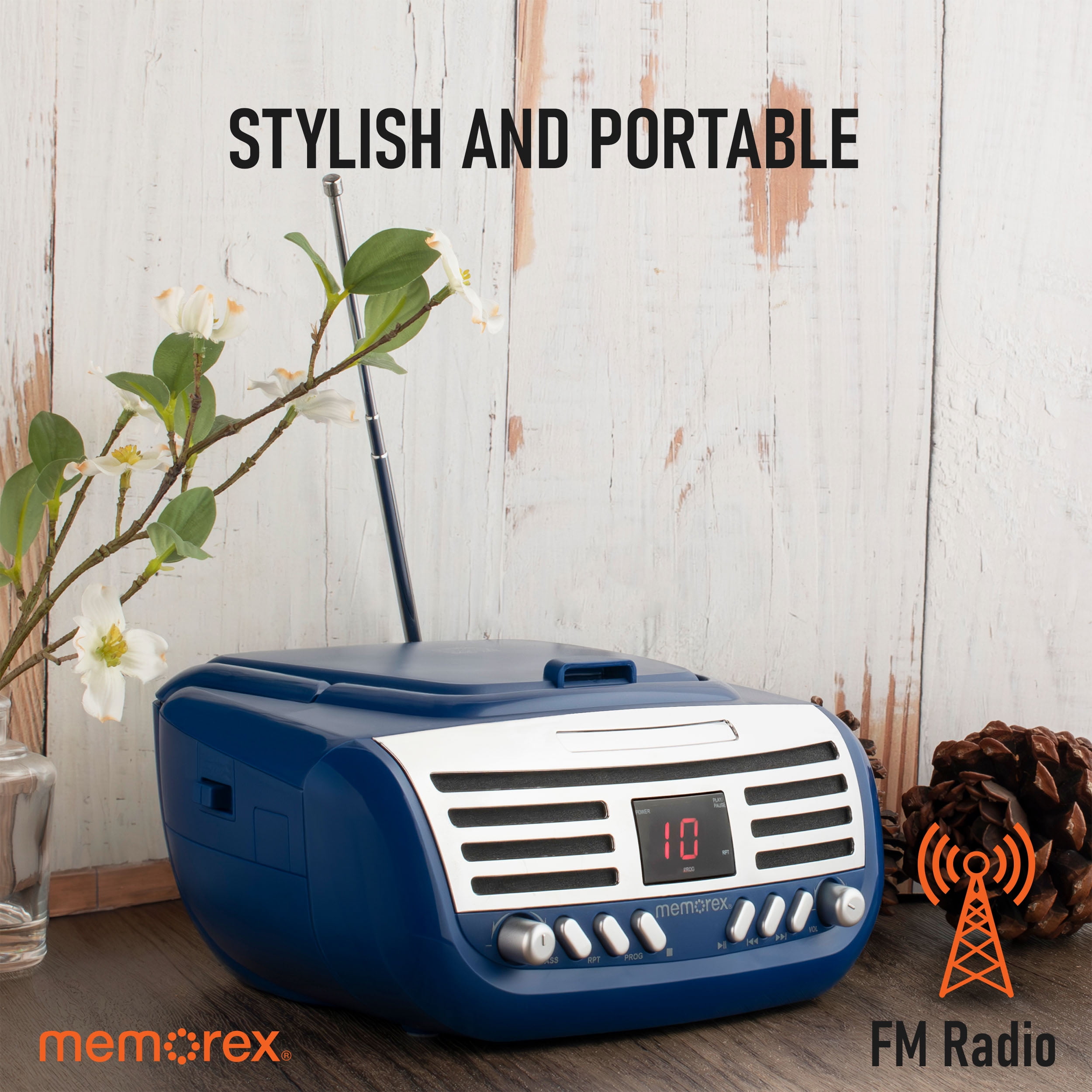Memorex MX-BCD100(L) Retro Style Top Loading CD Player | Portable AM/FM Stereo Receiver with Programmable Memory, Red LED Display, and Foldable Carrying Handle (Blue)