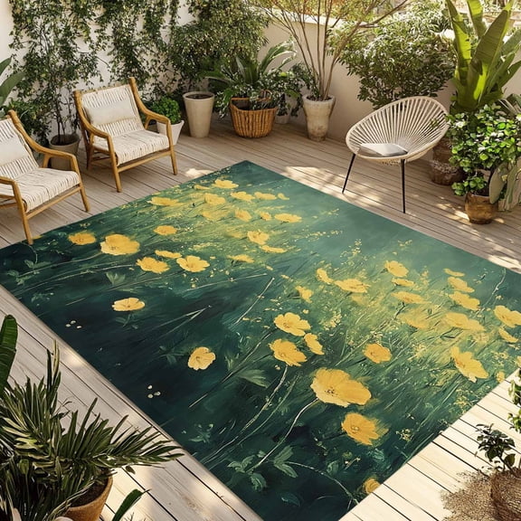 Fsddascl Spring Floral Outdoor Rug for Patio/Deck/Porch, Non-Slip Large Area Rug 4 x 6 Ft, Yellow Green Pastoral Botanical Oil Painting Indoor Outdoor Rugs Washable Area Rugs, Camping Rug Carpet