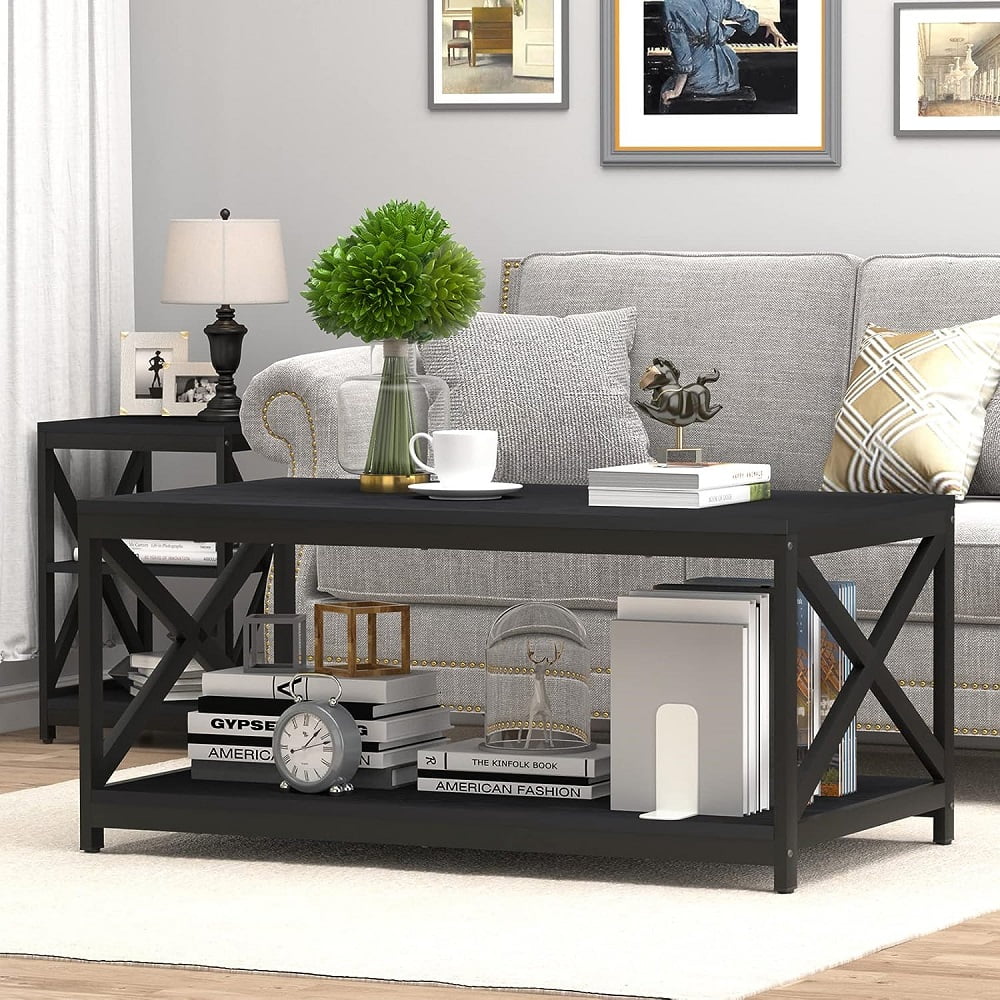 Winkalon Sturdy X-Shaped Wooden Coffee Table, Black