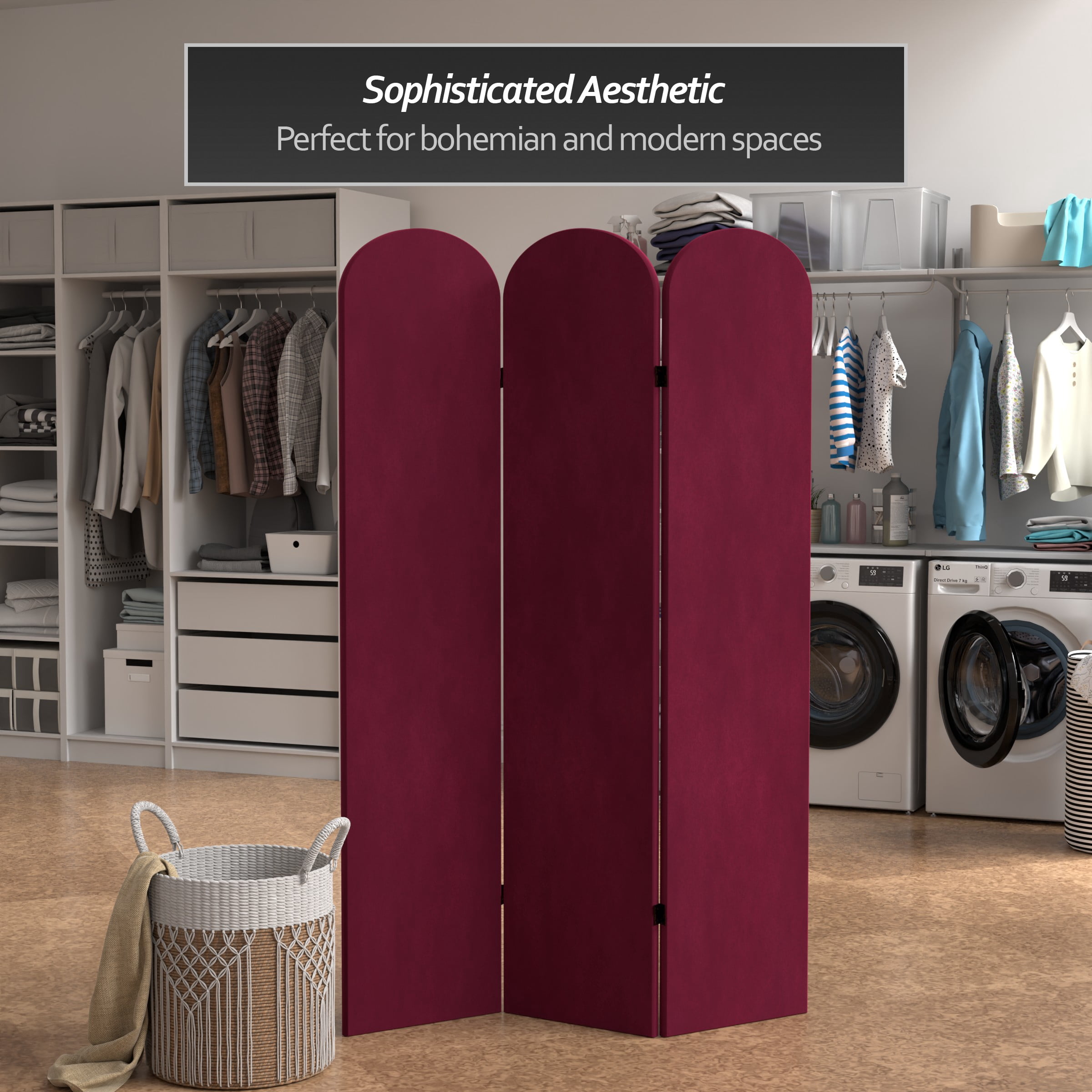 6 ft. Classic Arch Velvet Room Divider Burgundy 3 Panel